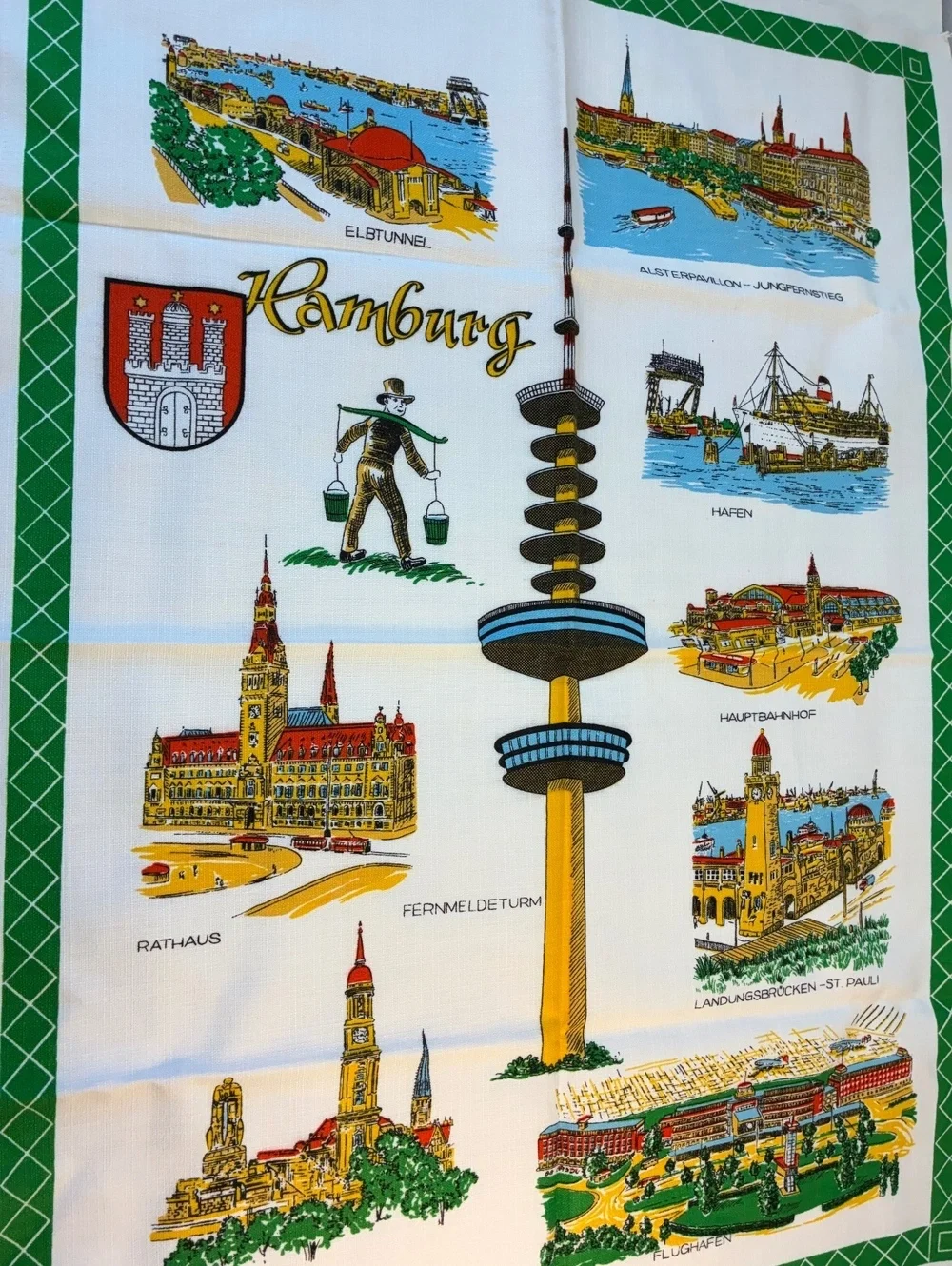 Vintage Hamburg Souvenir Tea Towel with Cityscape Illustrations 22x28 inches